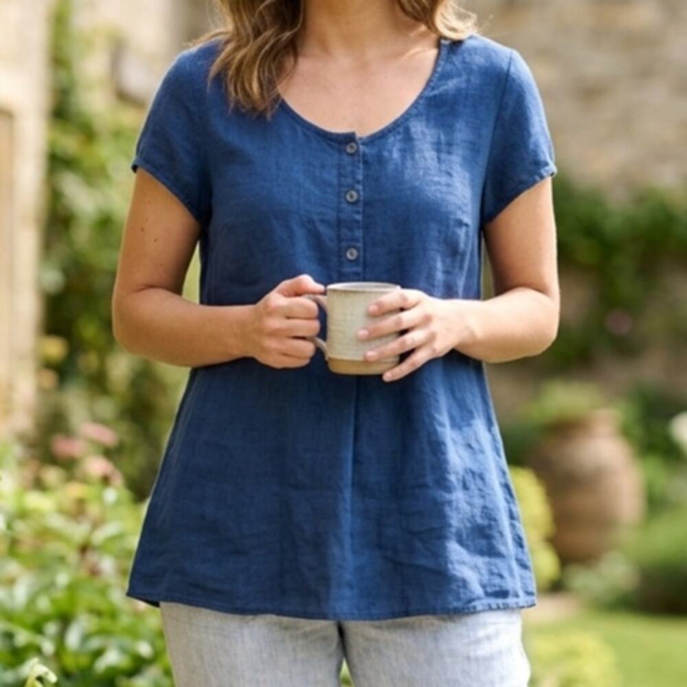 Flax 100% linen half button pop over tunic tee oversized m lagenlook minimalist